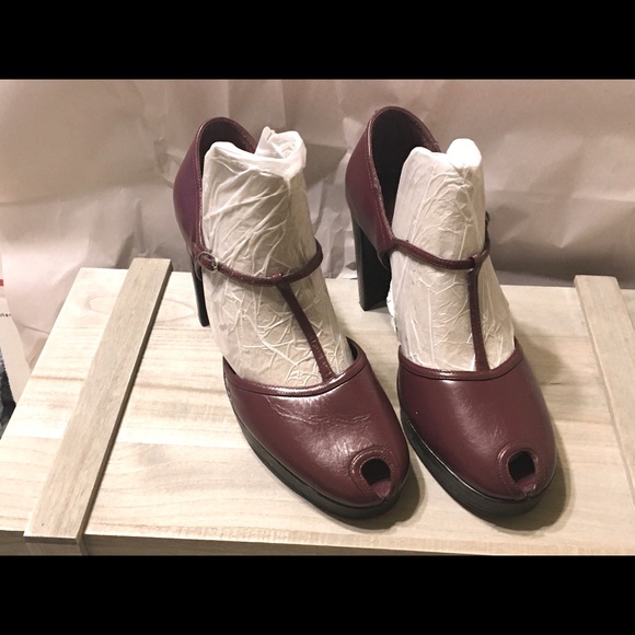 Flirty Burgundy Peep Toe T-Strap Heels - Picture 1 of 11